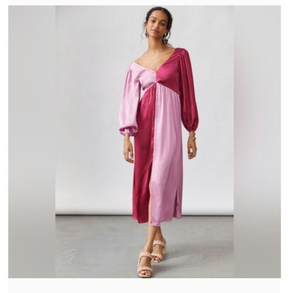 Two-Tone Pink Satin Midi Dress with Bishop Sleeves